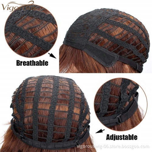 Vigorous Cheap High Temperature Synthetic Short  Wigs for Black Women 14 Inches Wavy Blonde Mixed Brown With Flat Bangs
